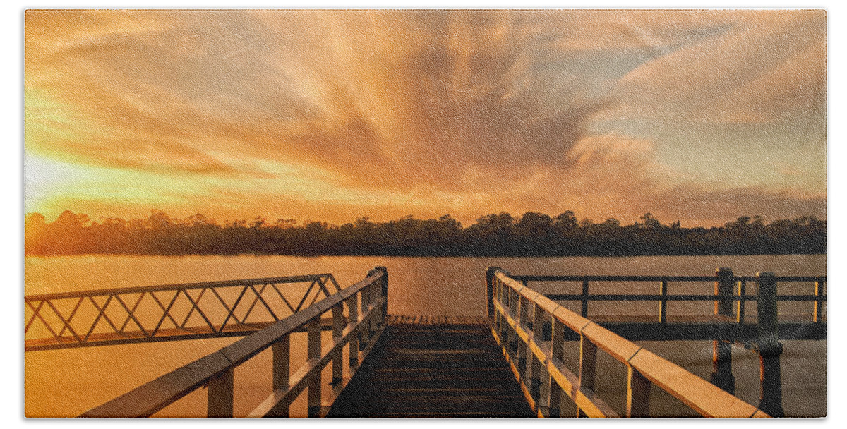 Jetty Hand Towel featuring the photograph Cloudburst over Jetty by Catherine Reading