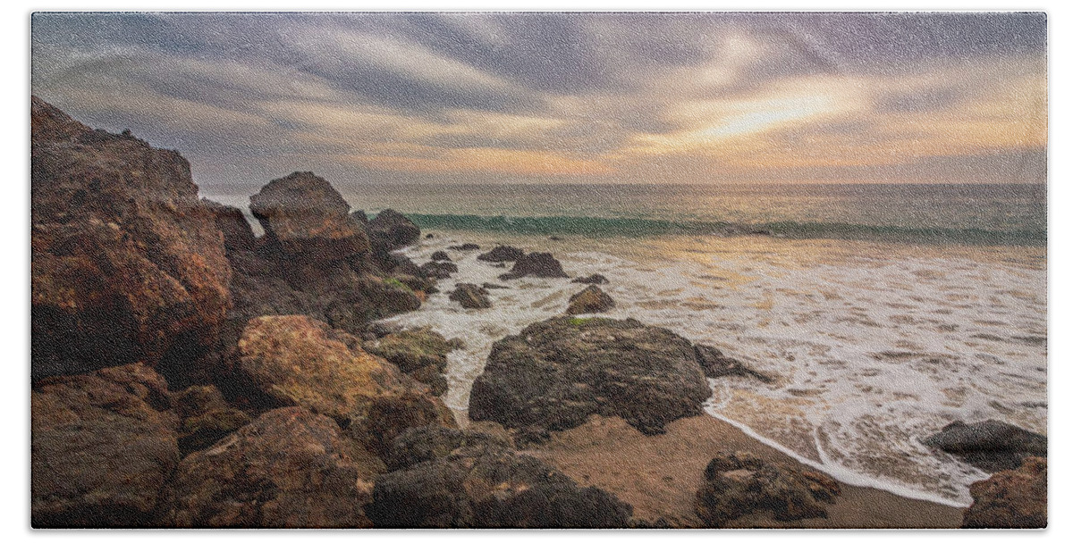 Beach Hand Towel featuring the photograph Cloudy Point Dume Sunset by Andy Konieczny