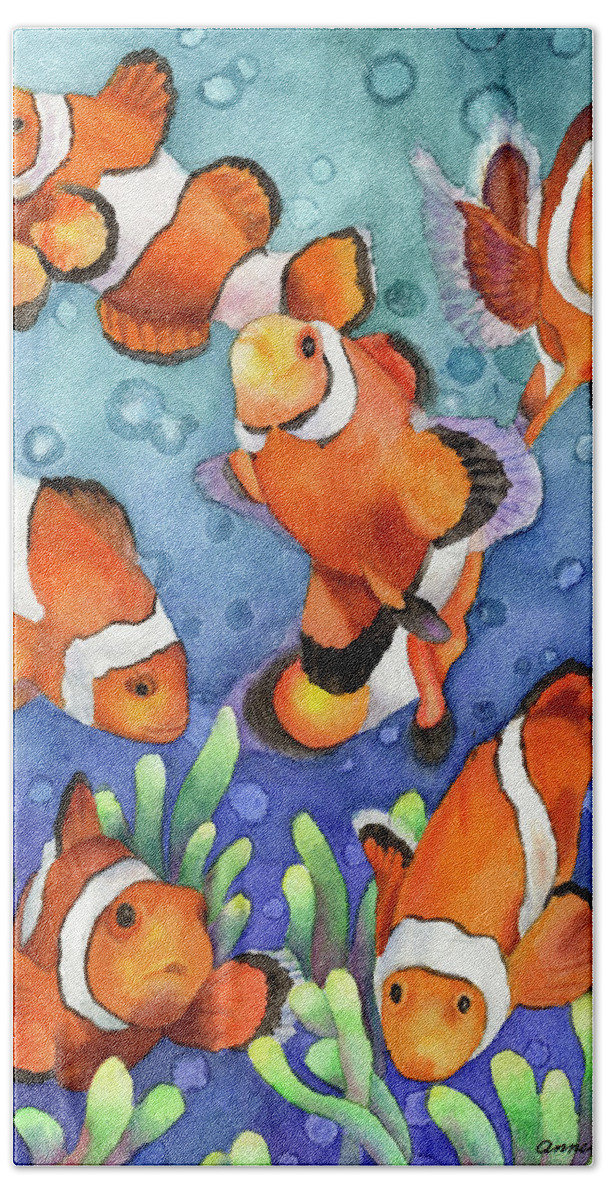 Clown Fish Painting Hand Towel featuring the painting Dreaming of Snorkelling by Anne Gifford