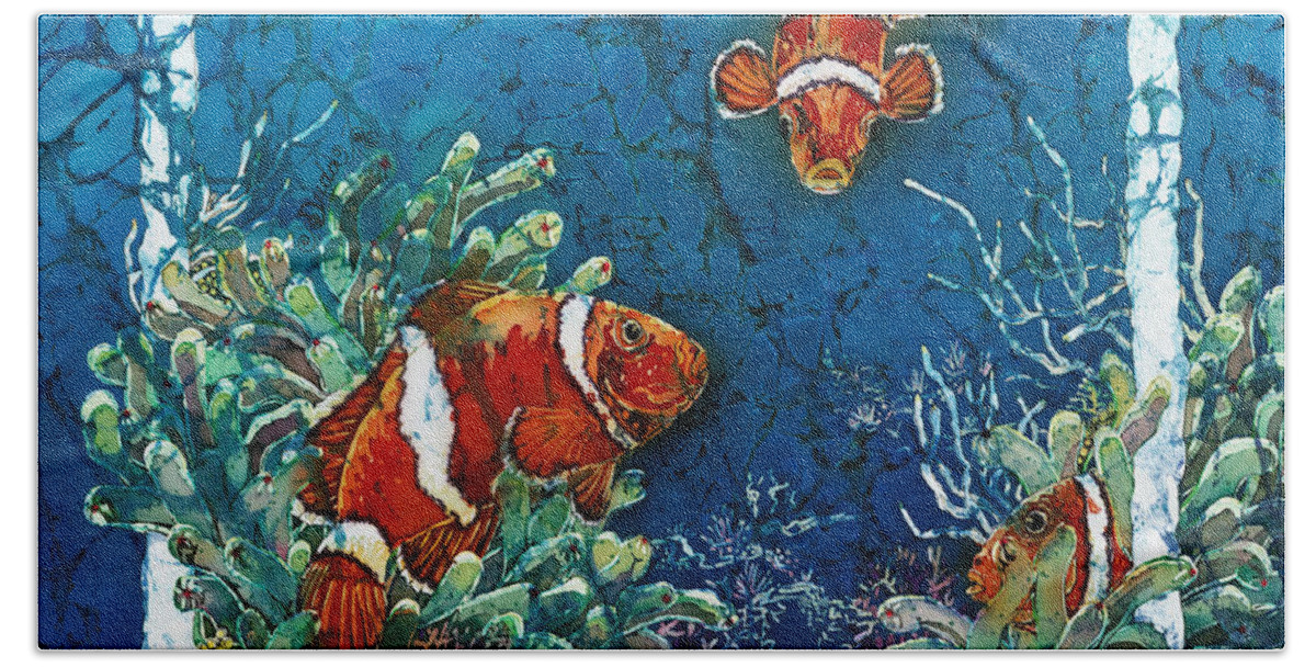 Ocean Hand Towel featuring the painting Clowning Around - Clownfish by Sue Duda