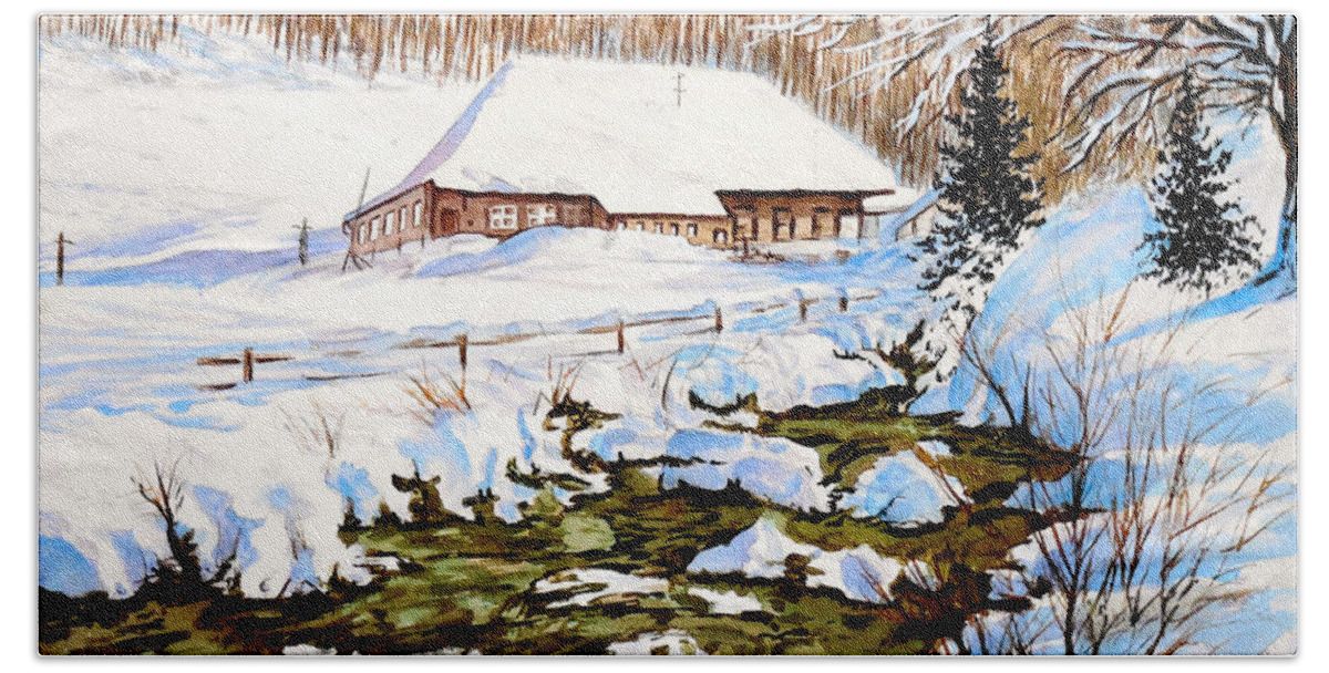 Winter Hand Towel featuring the painting Clubhouse in Winter by Sher Nasser