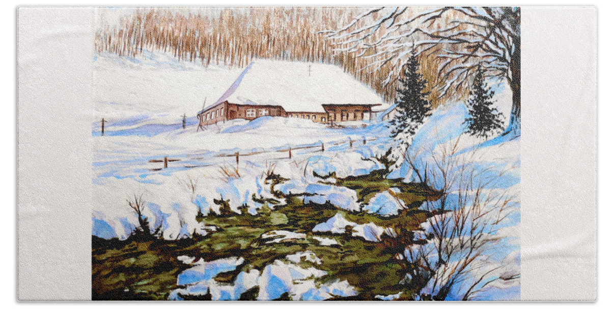 Golf Course In Alberta Hand Towel featuring the painting Clubhouse in Winter by Sher Nasser Artist