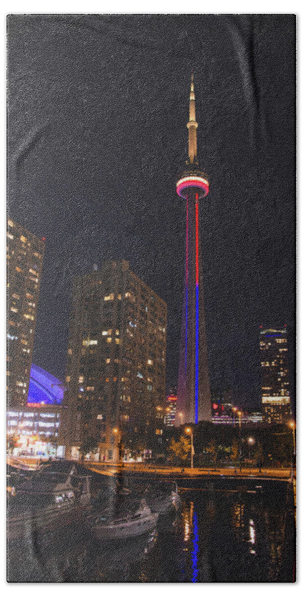 17sep16 Hand Towel featuring the photograph CN Tower Toronto from Marina at Night by Jeff at JSJ Photography
