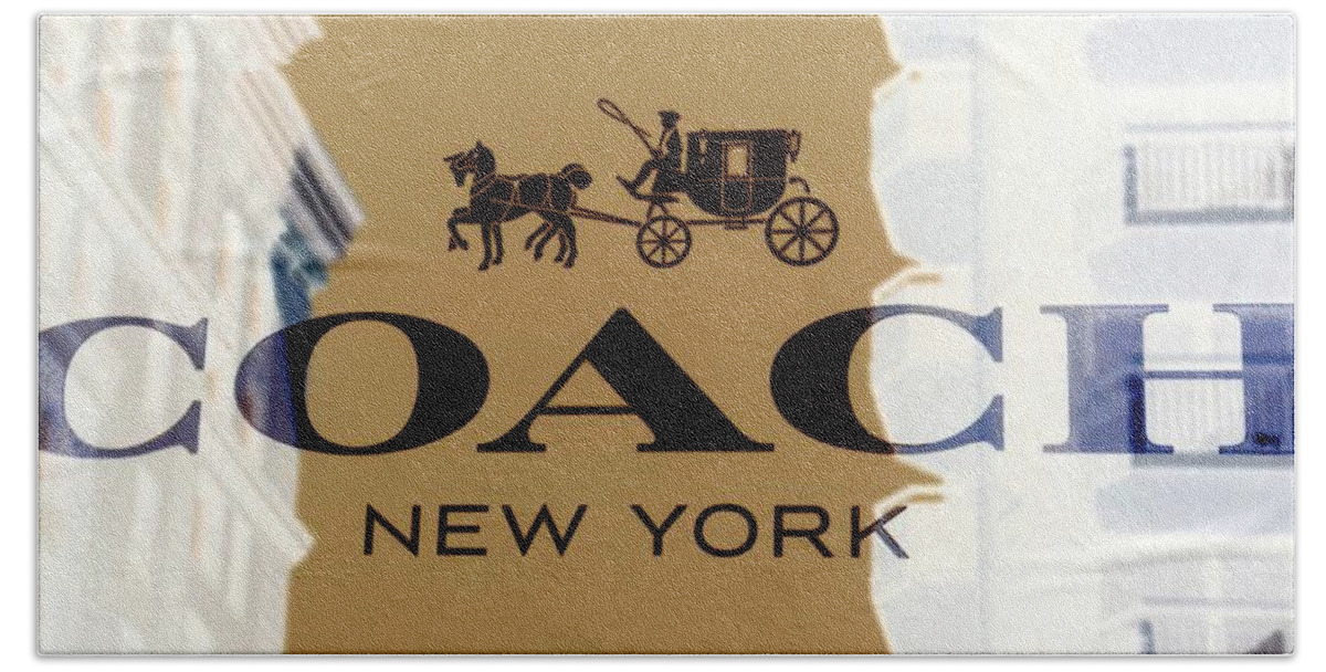 Coach Bath Towel featuring the photograph COACH New York Sign by Marianna Mills