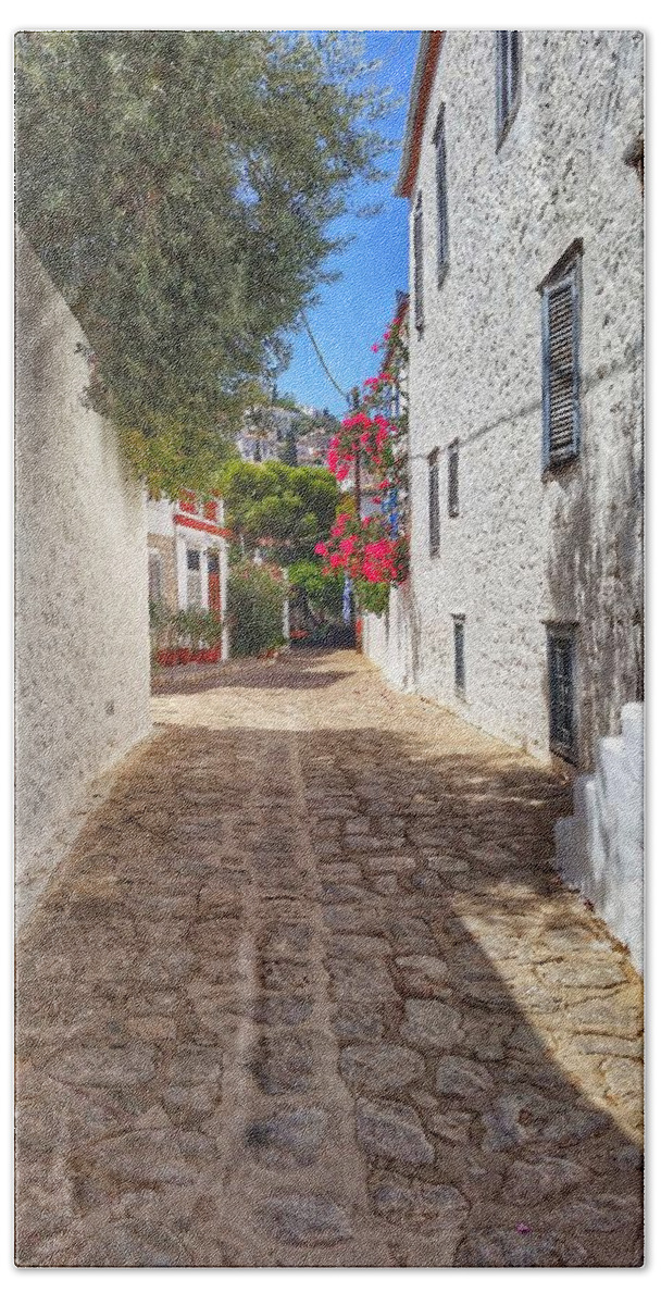 Greece Hand Towel featuring the photograph Cobbled street of Hydra Greece by Nadia Seme