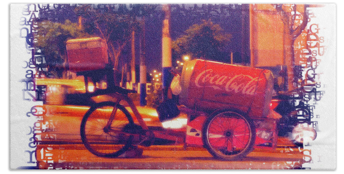 Miraflores Bath Towel featuring the photograph Coca Cola Tricycle Bin - Lima by Mary Machare