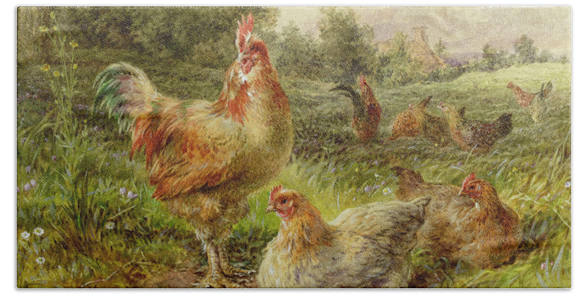 Cochin Hand Towel featuring the painting Cochin China Fowls by George Hickin