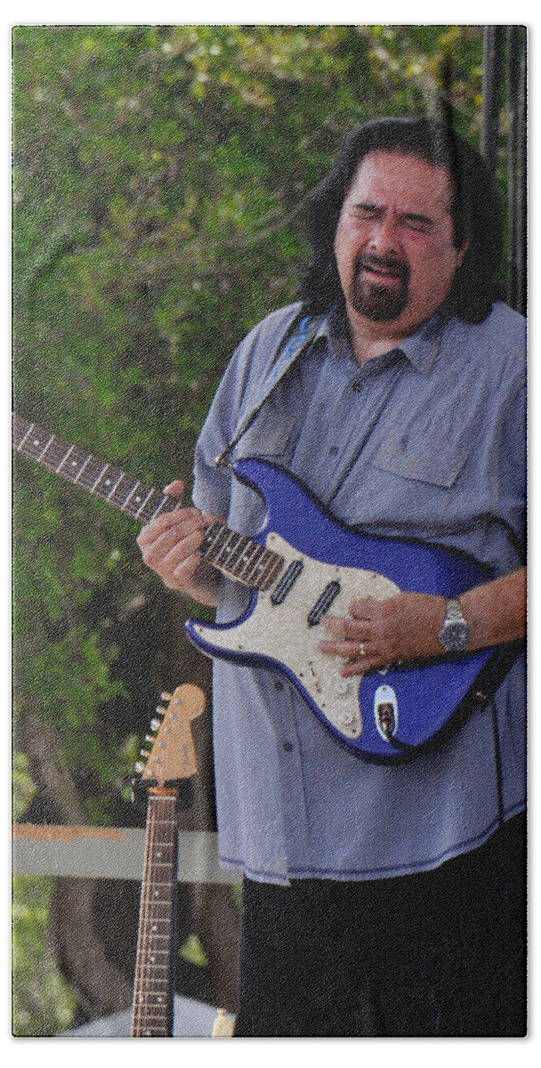 Coco Montoya Hand Towel featuring the photograph Coco Montoya and his Ocean Blue Fender American Standard Stratoc by Ginger Wakem