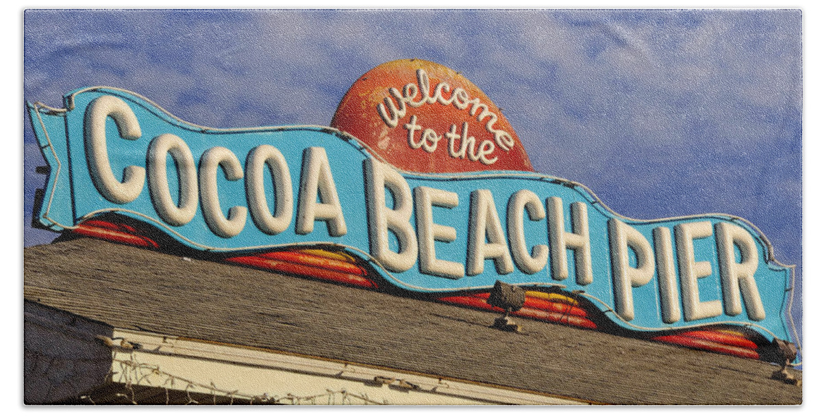 Fine Art Photography Bath Towel featuring the photograph Cocoa Beach Pier Sign by David Lee Thompson