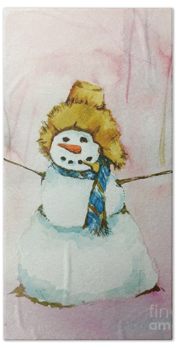 Snow Bath Towel featuring the painting Cody's First Frosty by Lynn Babineau