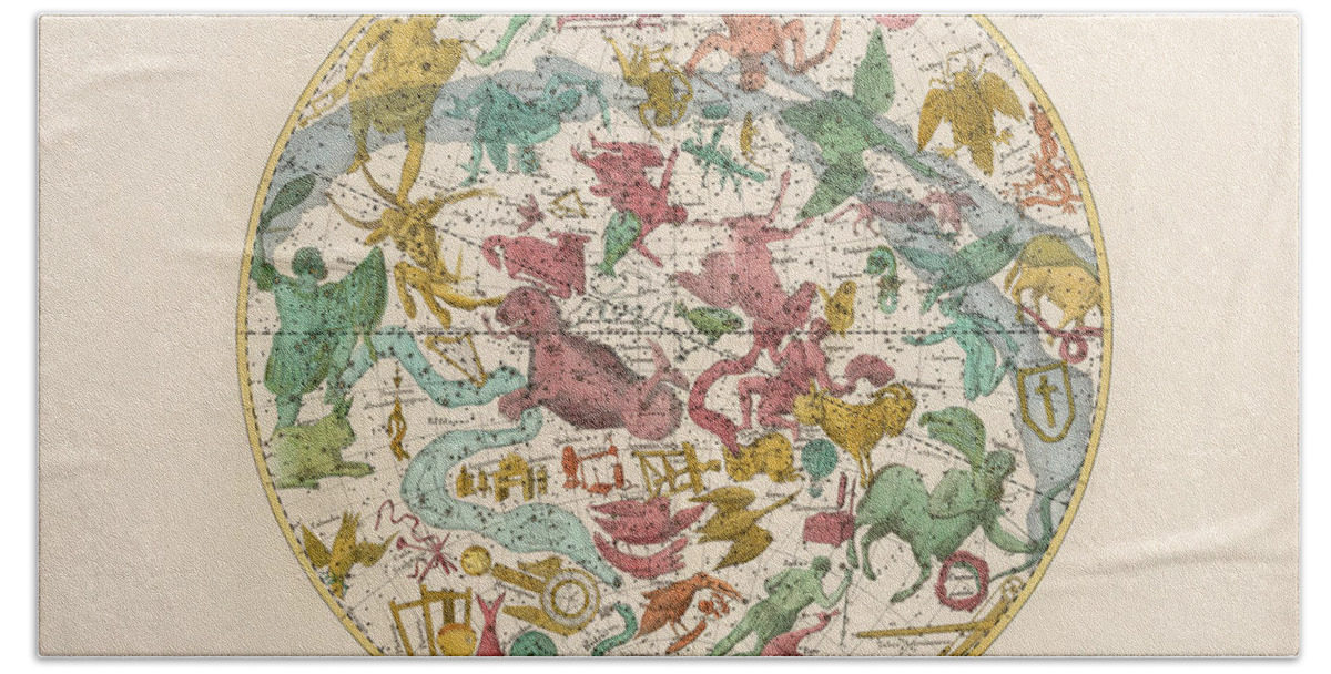 Celestial Chart Hand Towel featuring the drawing Coelum Stellatum - Map of the Sky - The Heavens - Constellations - Celestial Chart - Astronomy by Studio Grafiikka