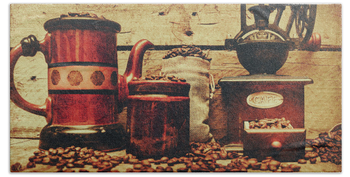 Beverage Bath Towel featuring the photograph Coffee bean grinder beside old pot by Jorgo Photography