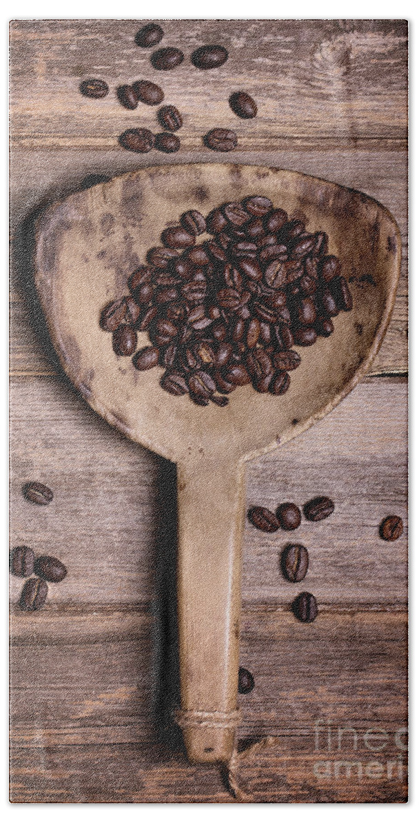 Coffee Bath Towel featuring the photograph Coffee beans in antique scoop. by Jane Rix