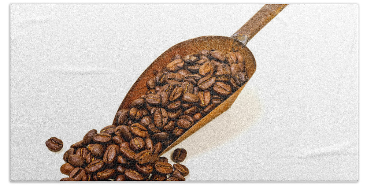 Coffee Hand Towel featuring the photograph Coffee Beans in Scoop on White by Donald Erickson