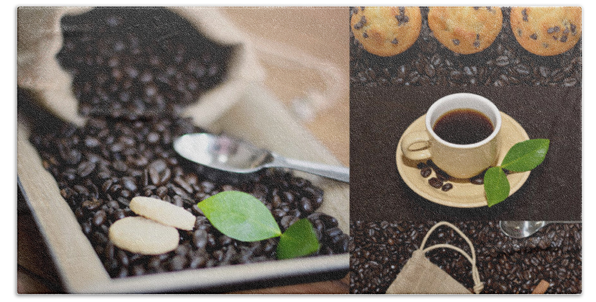 Almonds Bath Towel featuring the photograph Coffee Collage Photo by Serena King