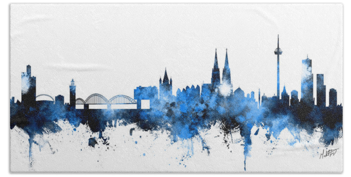 Cologne Bath Sheet featuring the digital art Cologne Germany Skyline Blue Signed by Michael Tompsett