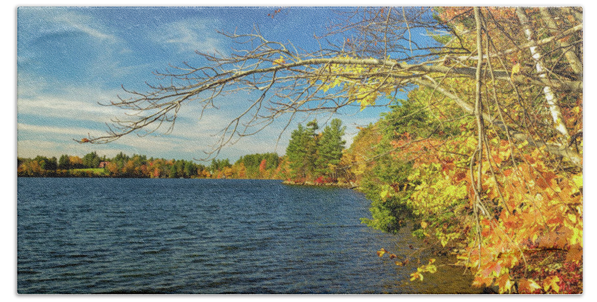 Autumn; Foliage; Landscape; Photography; Cunningham; Pond; Water; Clouds; Shoreline; Forest; Roadside; Birch; Yellow; Gold; Orange Bath Towel featuring the photograph Color on Cunningham Pond by Mike Mcquade