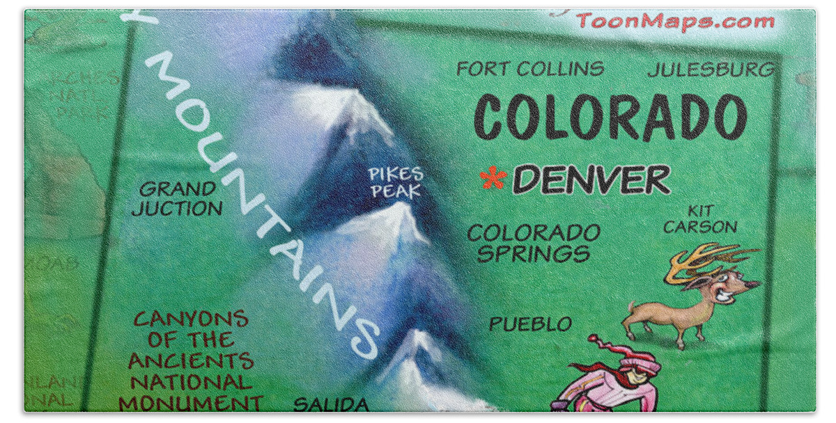 Colorado Bath Towel featuring the digital art Colorado Fun Map by Kevin Middleton