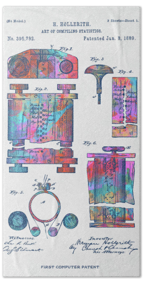 First Computer Hand Towel featuring the digital art Colorful 1889 First Computer Patent by Nikki Marie Smith