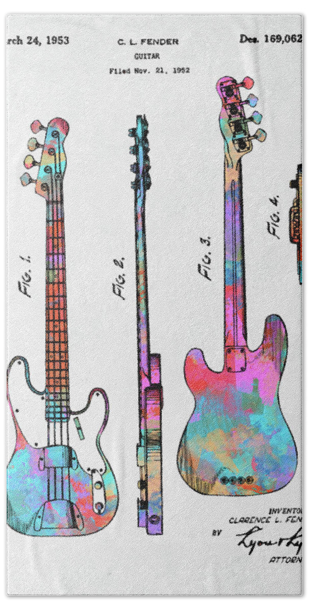 Fender Guitar Hand Towel featuring the digital art Colorful 1953 Fender Bass Guitar Patent Artwork by Nikki Marie Smith