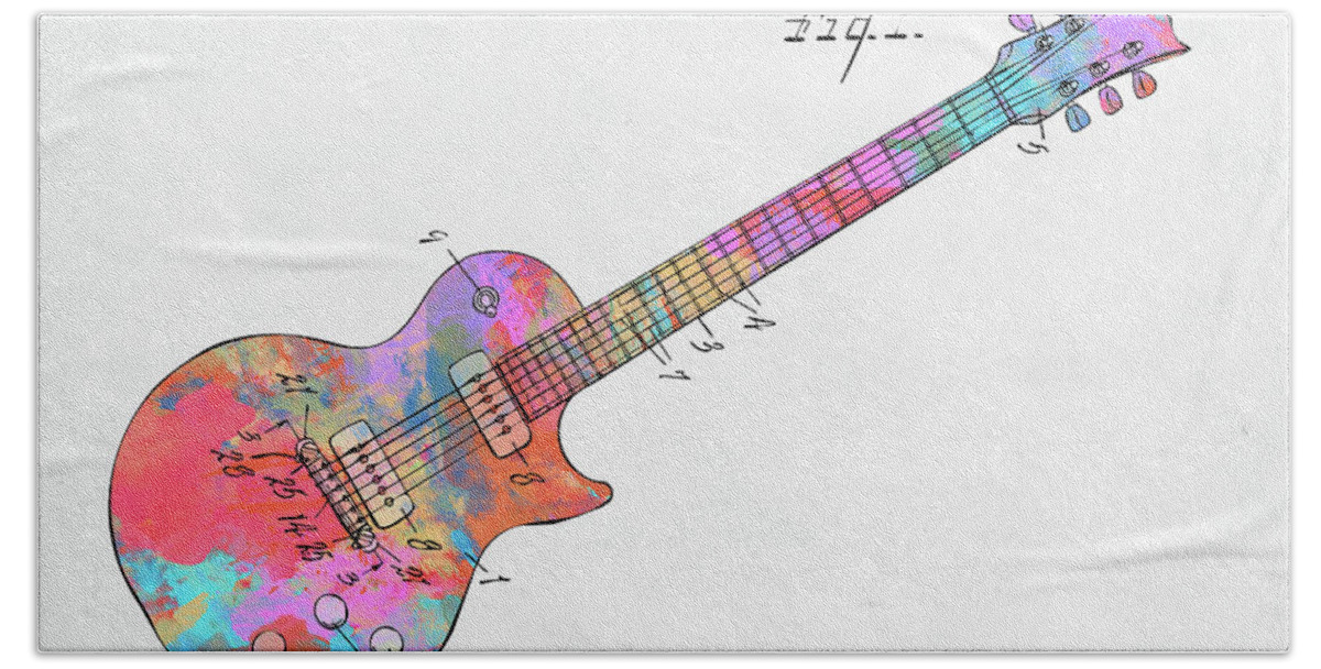 Guitar Bath Towel featuring the digital art Colorful 1955 McCarty Gibson Les Paul Guitar Patent Artwork Mini by Nikki Marie Smith