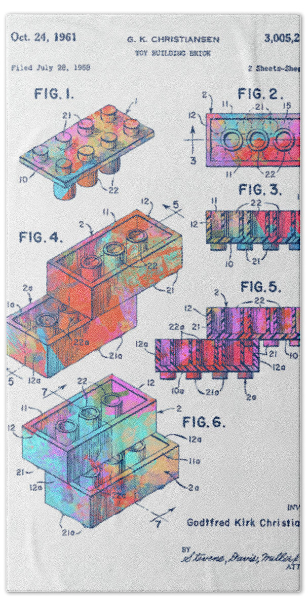 Toy Bath Towel featuring the digital art Colorful 1961 Toy Building Brick Patent Art by Nikki Marie Smith