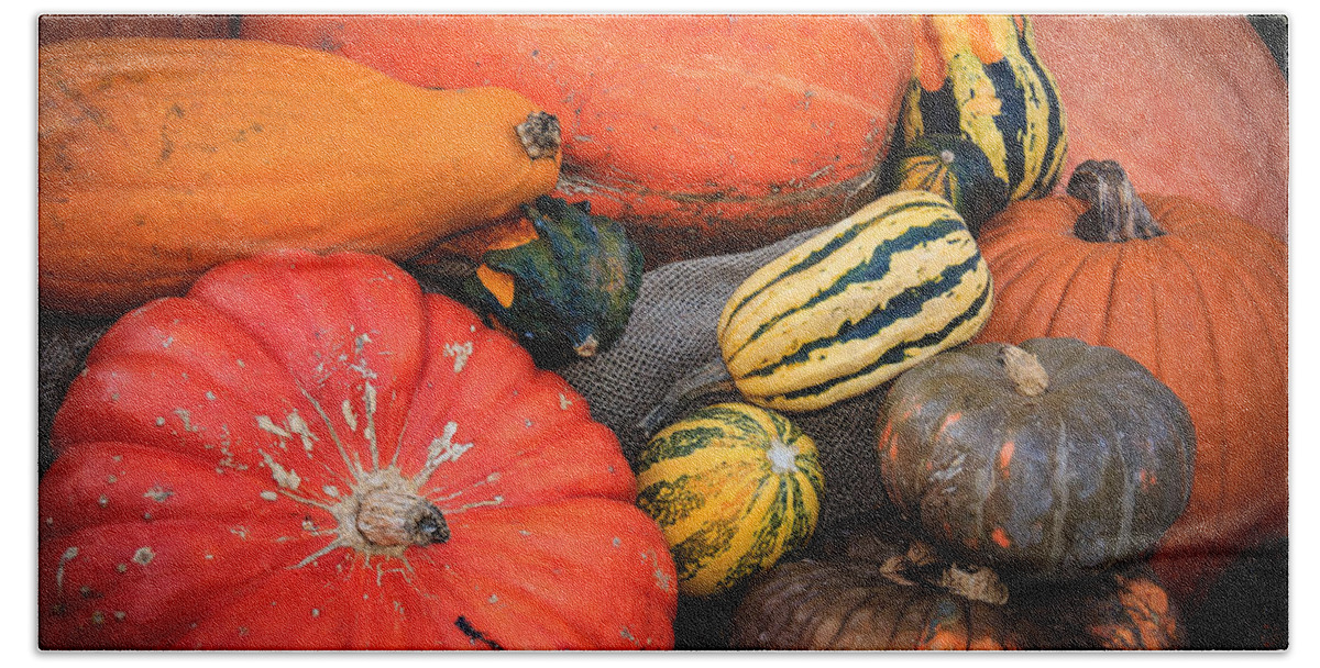 Morton Arboretum Bath Towel featuring the photograph Colorful Assortment of Pumpkins and Gourds by Joni Eskridge