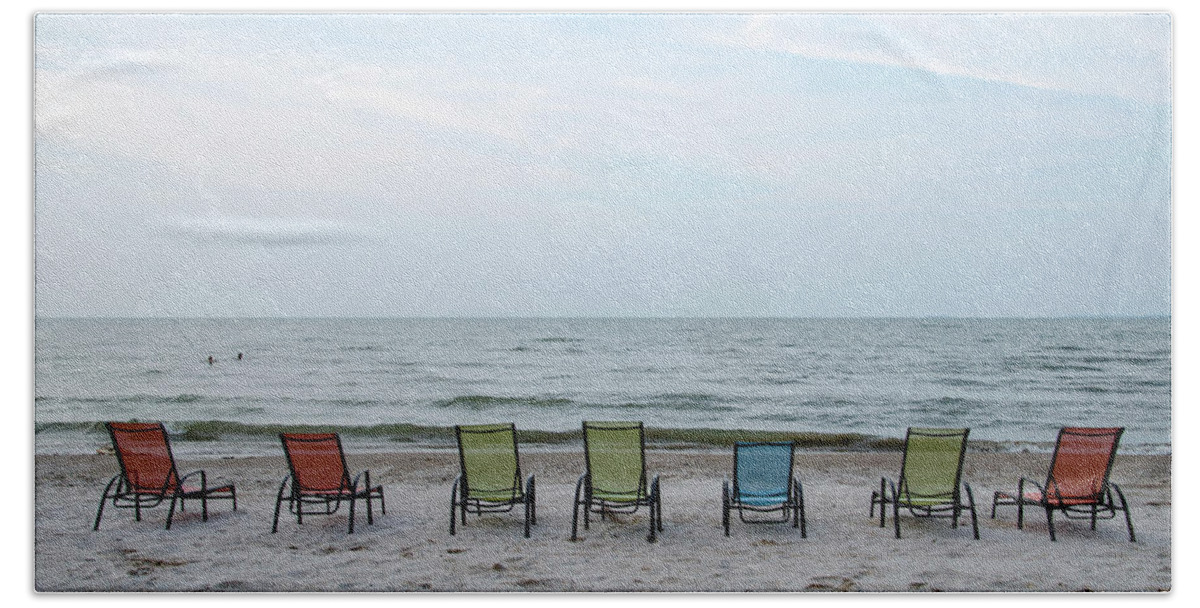 Art Bath Towel featuring the photograph Colorful Beach Chairs by Ann Bridges