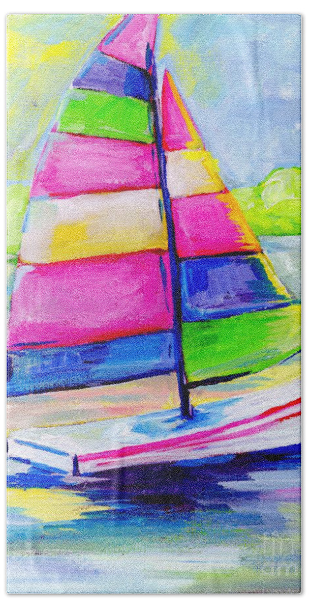 Boat Sail Boat Beach House Lake House Beach Décor White Pink Sunset Trees Blue White Water Ocean Sea Sail Bath Towel featuring the painting Colorful boat 3 by Anne Seay