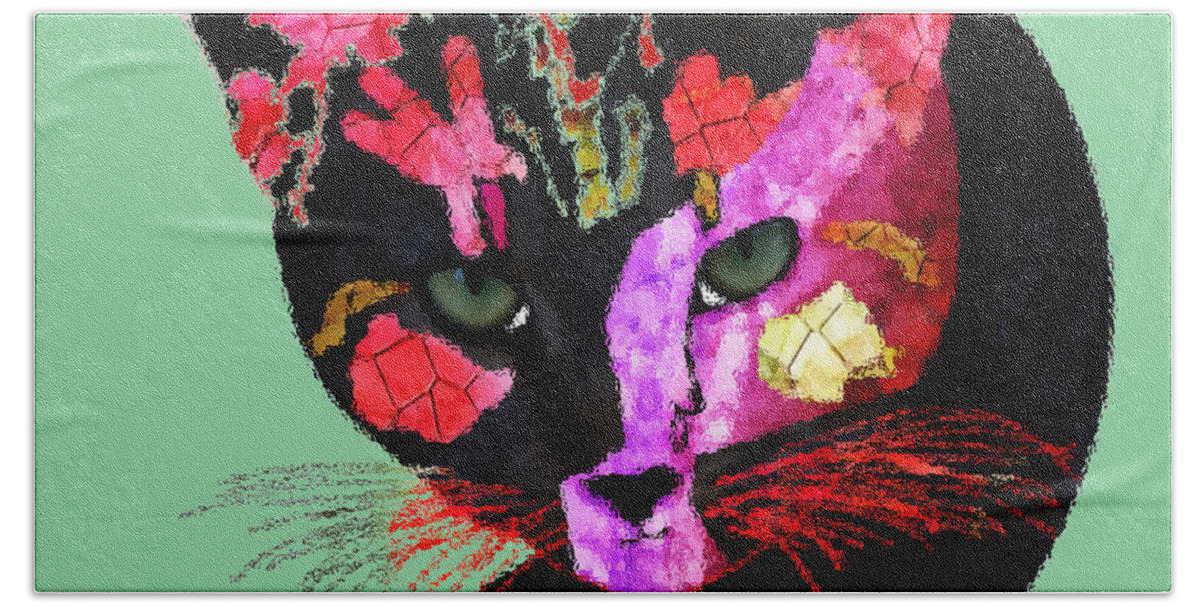 Colorful Cal Bath Towel featuring the digital art Colorful Cat Abstract Artwork by Claudia Ellis by Claudia Ellis