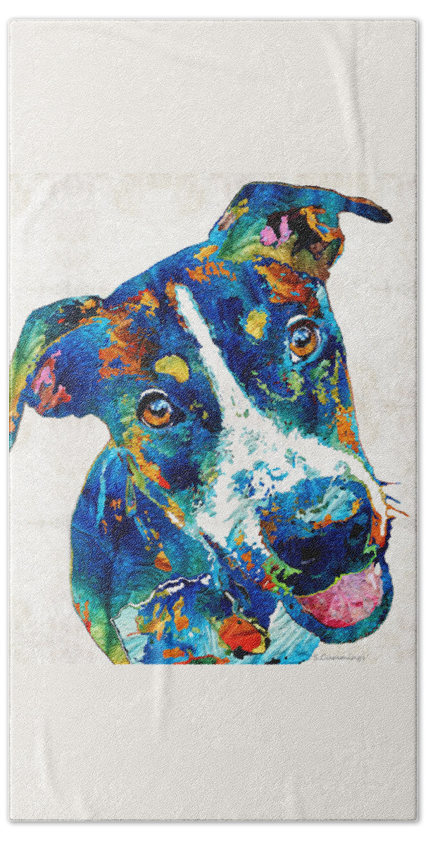 Dog Hand Towel featuring the painting Colorful Dog Art - Happy Go Lucky - By Sharon Cummings by Sharon Cummings