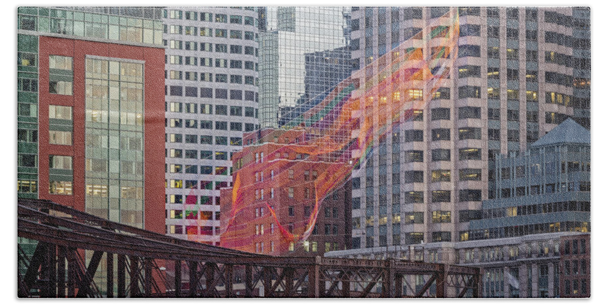 Boston Skyline Hand Towel featuring the photograph Colorful Fibers Over The Boston Skyline by Susan Candelario