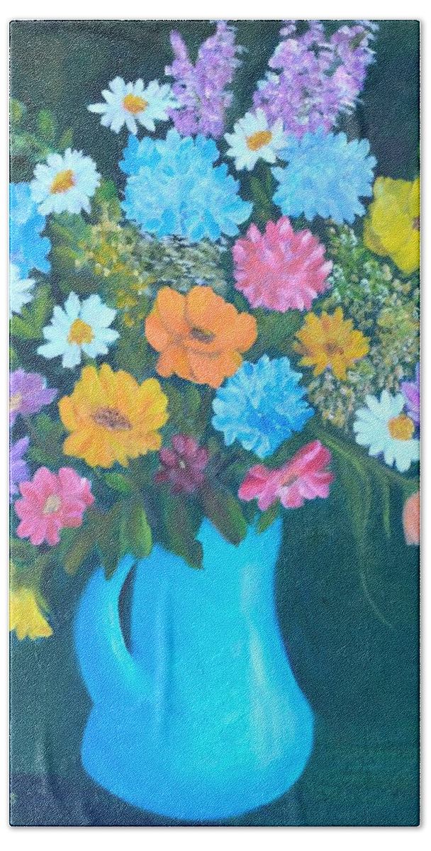 Hydrangeas Painting Hand Towel featuring the painting Colorful Flowers in a Blue Pitcher by Sally Fike