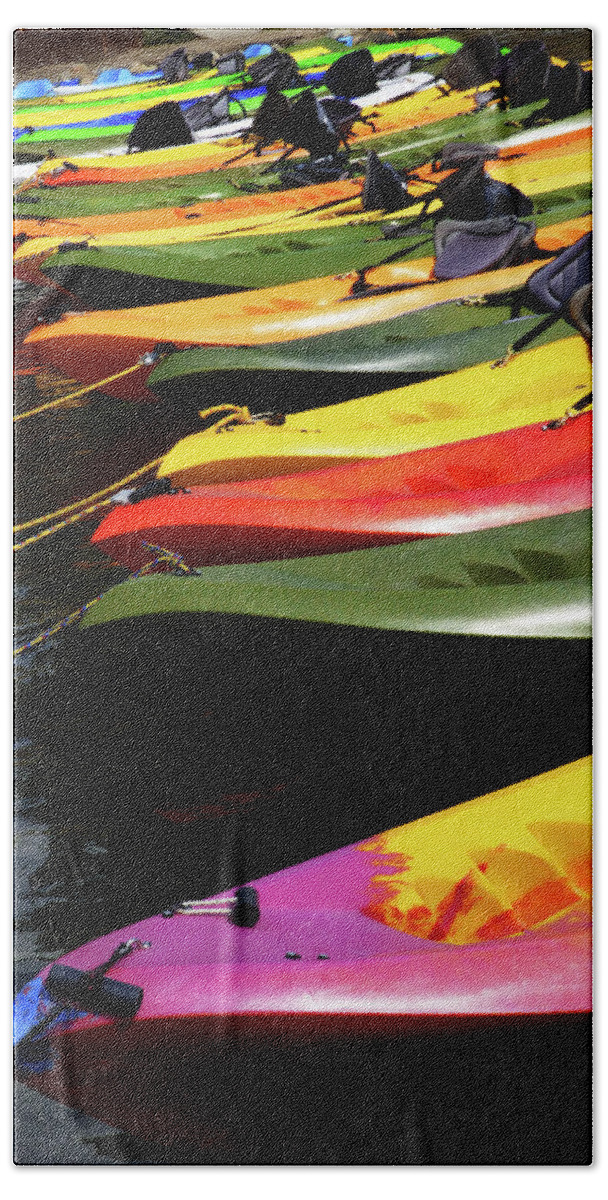 Kayak Bath Towel featuring the photograph Colorful Kayaks by Marcia Socolik