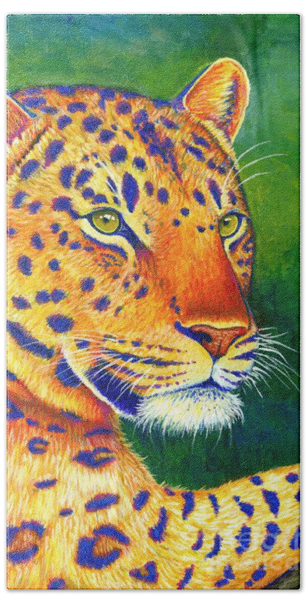 Leopard Hand Towel featuring the painting Queen of the Jungle - Colorful Leopard by Rebecca Wang