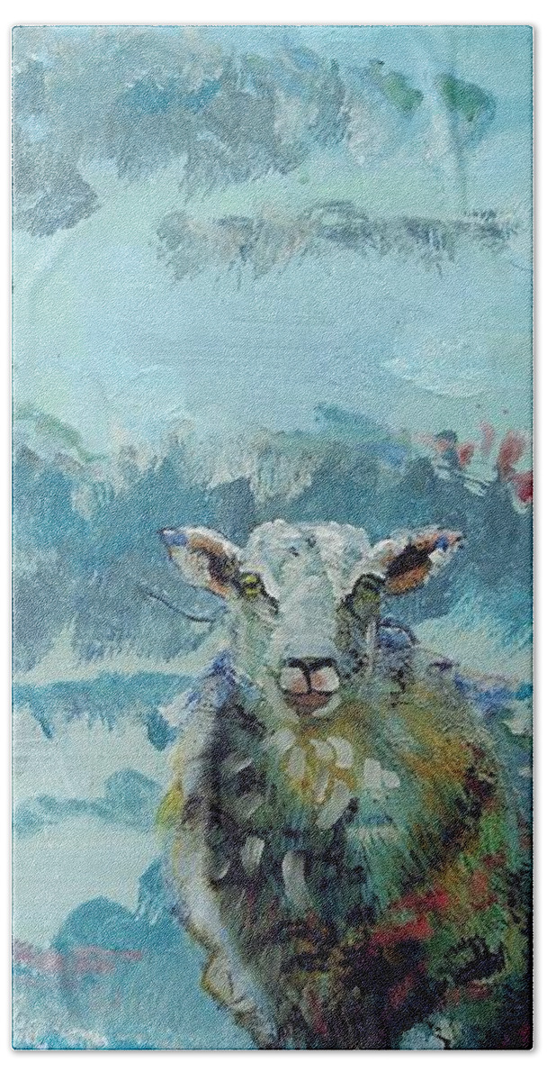 Colorful Bath Towel featuring the painting Colorful sky and sheep - narrow painting by Mike Jory
