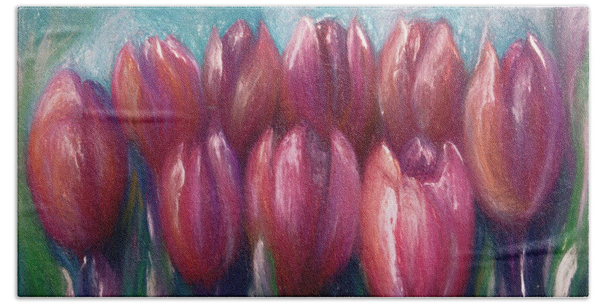 Impressionism Hand Towel featuring the digital art Colorful Tulips by Lena Owens by OLena Art