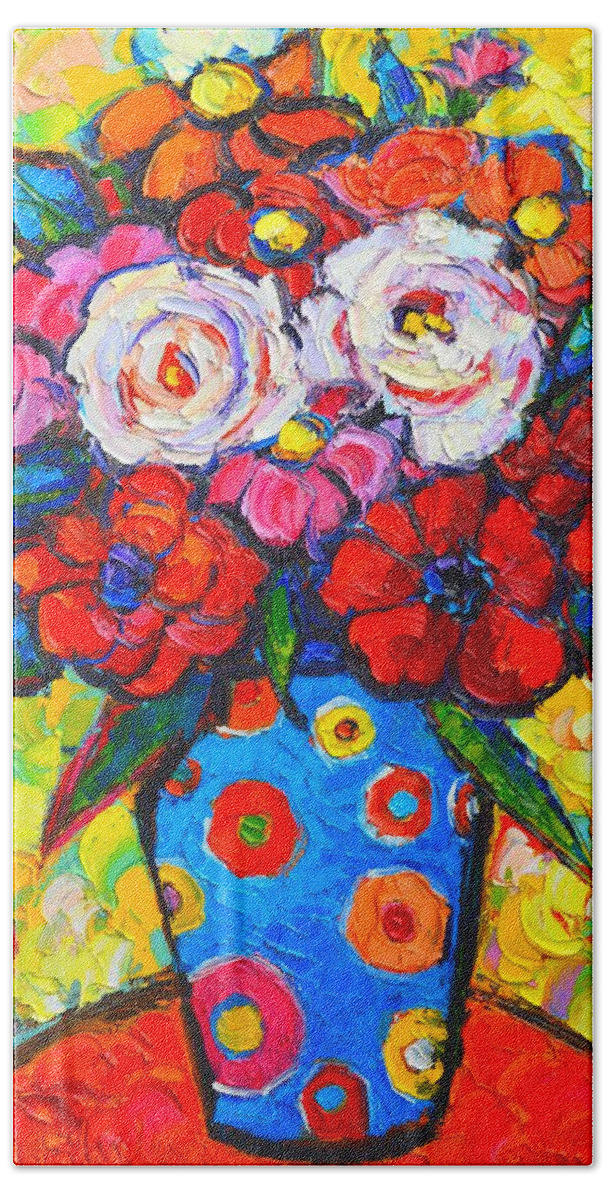 Roses Bath Towel featuring the painting Colorful Wild Roses Bouquet - Original Impressionist Oil Painting by Ana Maria Edulescu