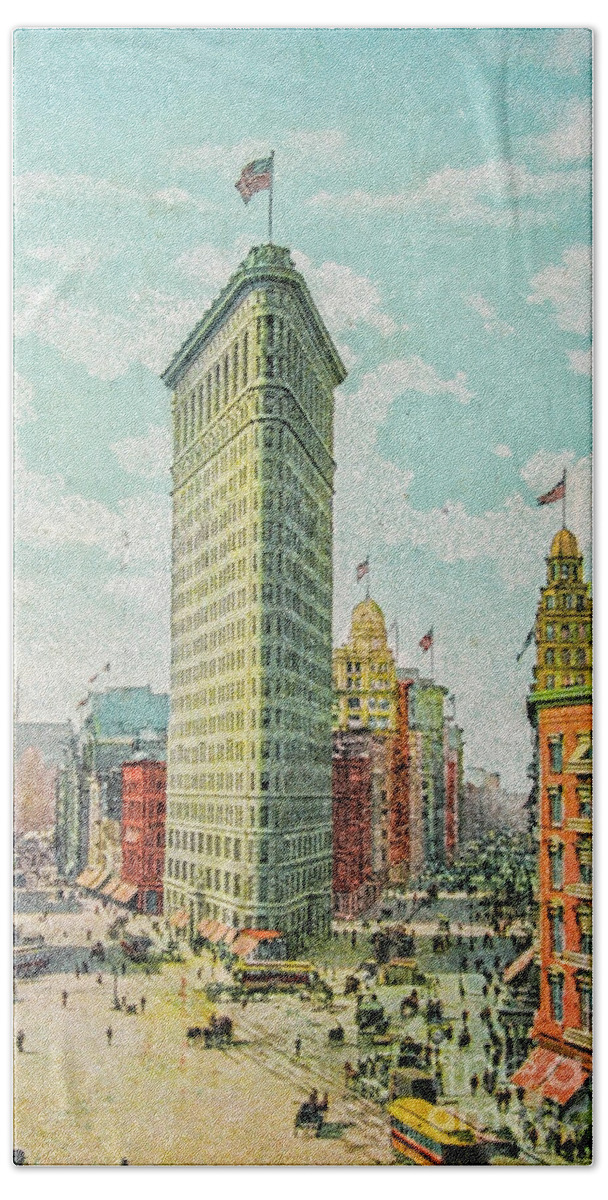 Flatiron Building Hand Towel featuring the digital art Colorized vintage photograph of Flatiron building in New York by Patricia Hofmeester