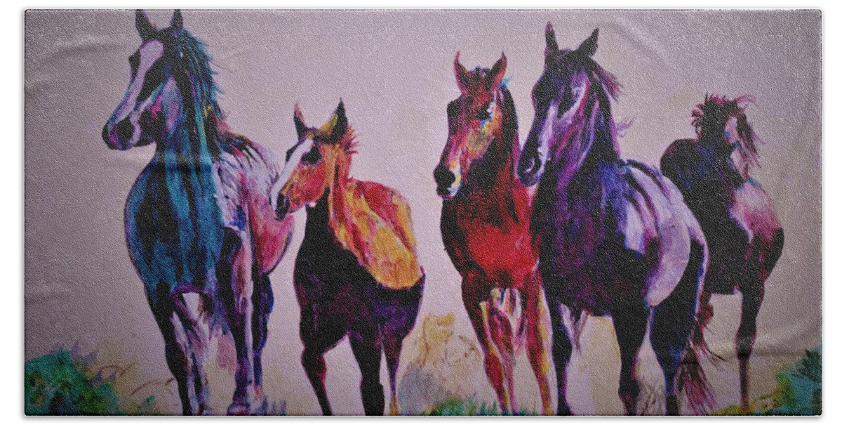 Horse Bath Towel featuring the painting Colors in wild by Khalid Saeed