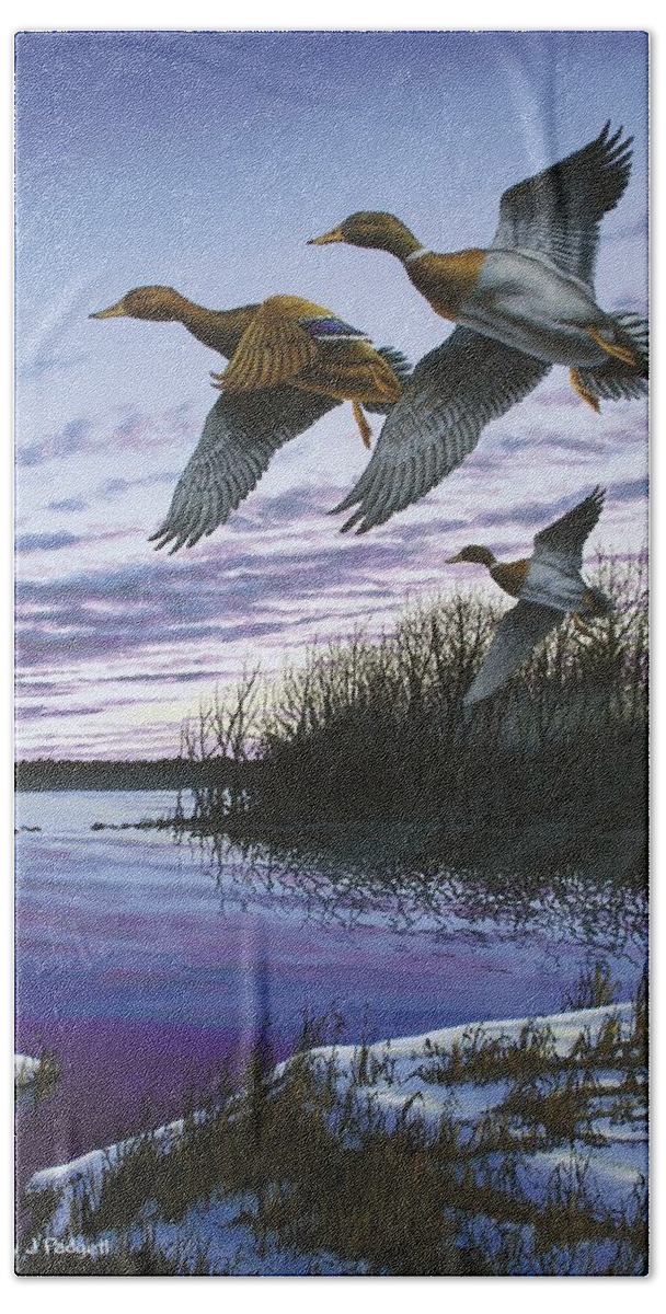 Mallards Hand Towel featuring the painting Colors of December by Anthony J Padgett