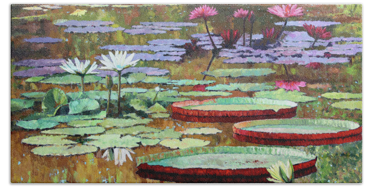 Garden Pond Bath Towel featuring the painting Colors on the Lily Pond by John Lautermilch