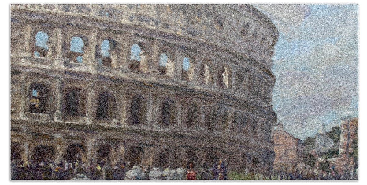 Colosseo Hand Towel featuring the painting Colosseo Rome by Ylli Haruni