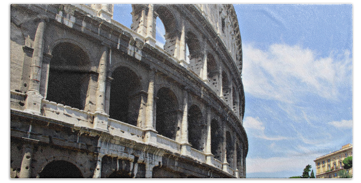 #rome #italy #colosseum #ancient #archways #doorway #stonework #summer #europe #history #historic #town #clouds#sky#landscape #online #shop #sale #buy #mobileprints #forsale #photography #sell #cards Hand Towel featuring the photograph Colosseum in Rome by Jacci Freimond Rudling