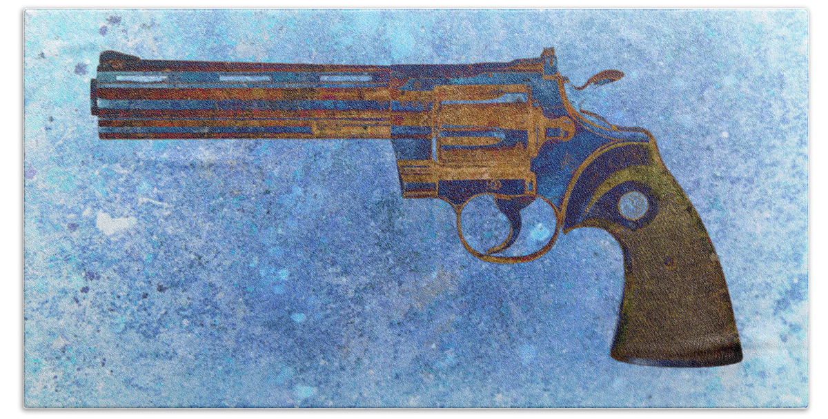 Colt Bath Towel featuring the digital art Colt Python 357 Mag on Blue Background. by M L C