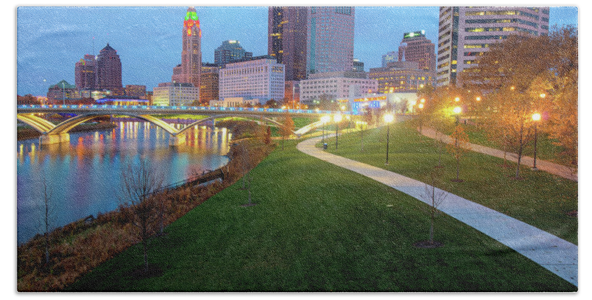 Columbus Skyline Hand Towel featuring the photograph Columbus Downtown Skyline in Winter by Gregory Ballos