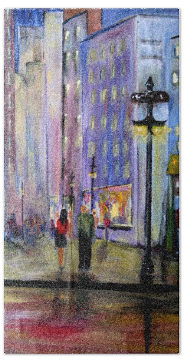 Cityscene Bath Towel featuring the painting Come Away With Me by Julie Lueders 