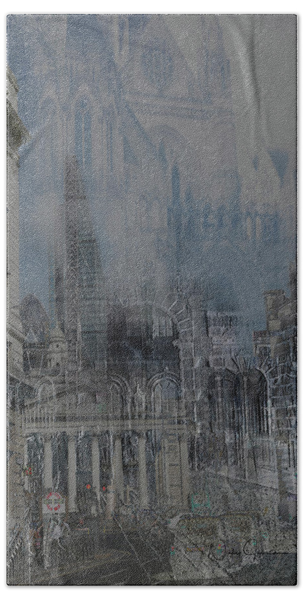 Londonart Bath Towel featuring the digital art Comes The Night - City Deamscape by Nicky Jameson