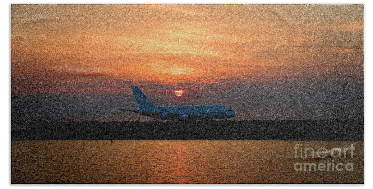 Sunnypicsoz Bath Towel featuring the photograph Commercial Jet Aircraft at Sunset by Geoff Childs