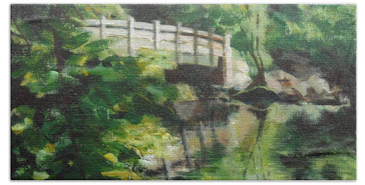 Concord Bath Towel featuring the painting Concord River Bridge by Claire Gagnon